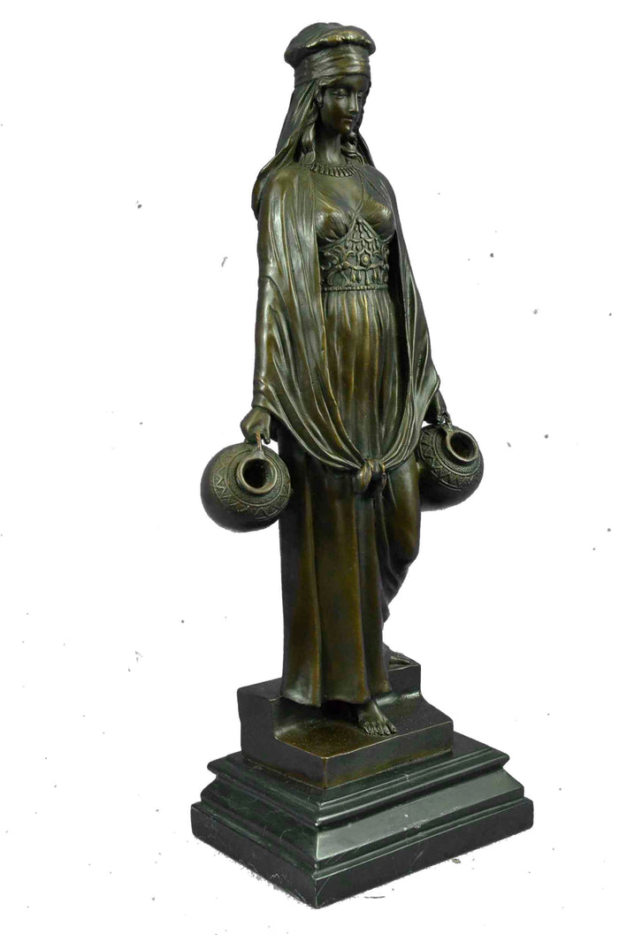 Lady Carrying Water Jugs Bronze Sculpture Hot Cast Marble Base Figurine