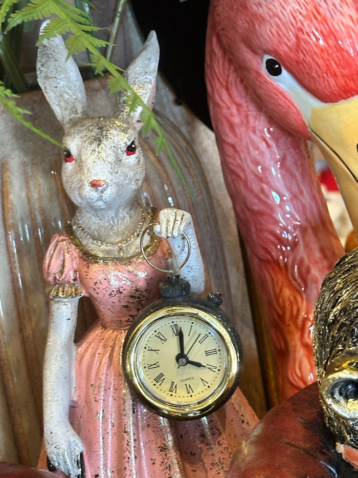 LADY WHITE RABBIT STANDING CLOCK FIGURE