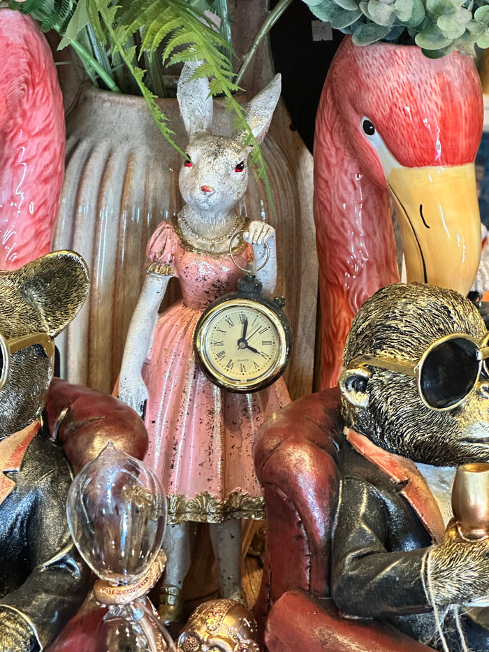 LADY WHITE RABBIT STANDING CLOCK FIGURE