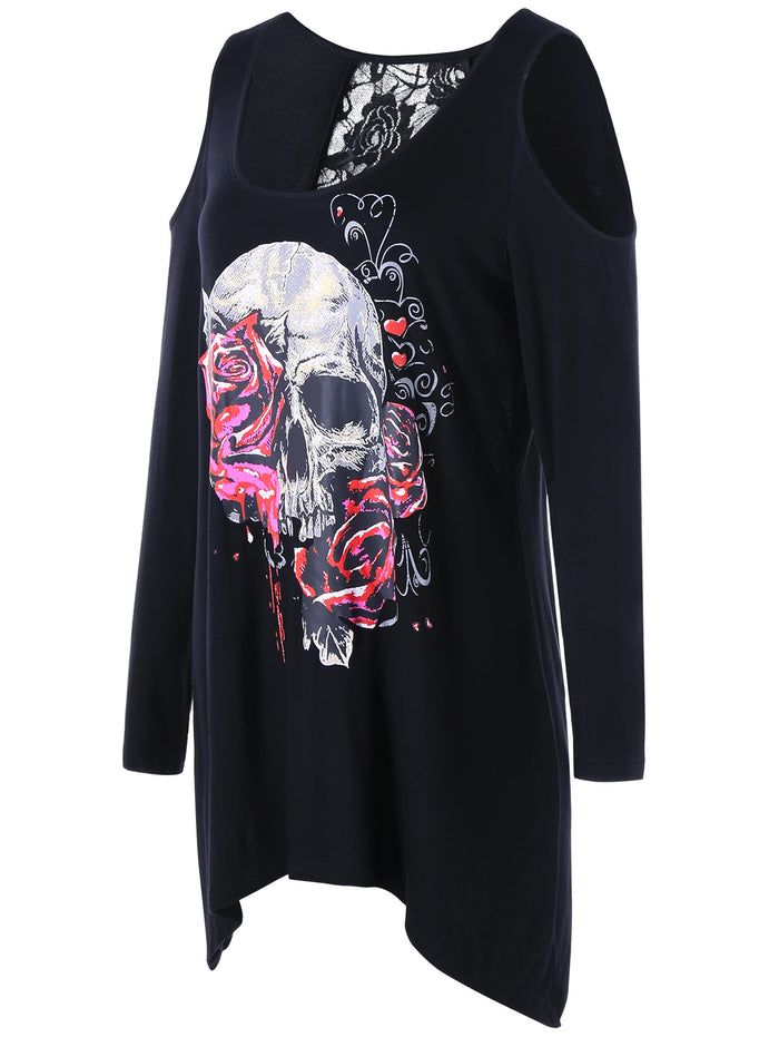Langstar Scoop Neck Rose Skull Print Lace Shirt