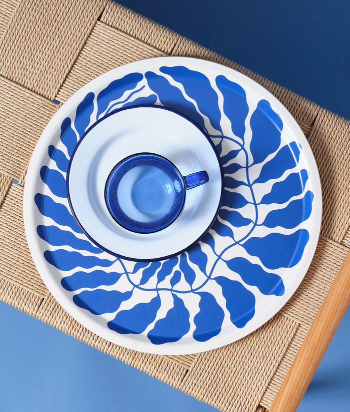 Leaves Deep Blue Round Serving Tray