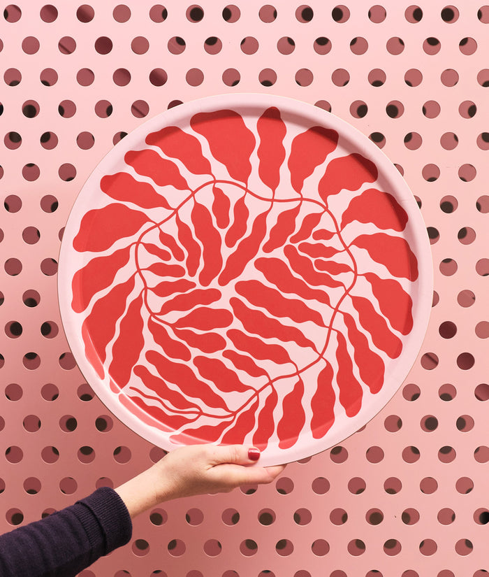 Leaves Red Round Serving Tray