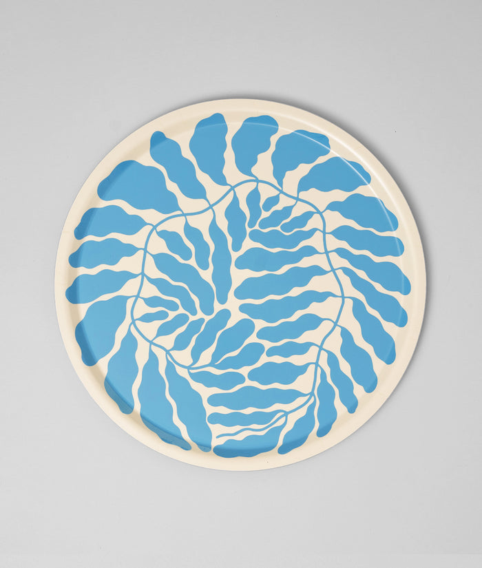 Leaves Sky Blue Round Serving Tray