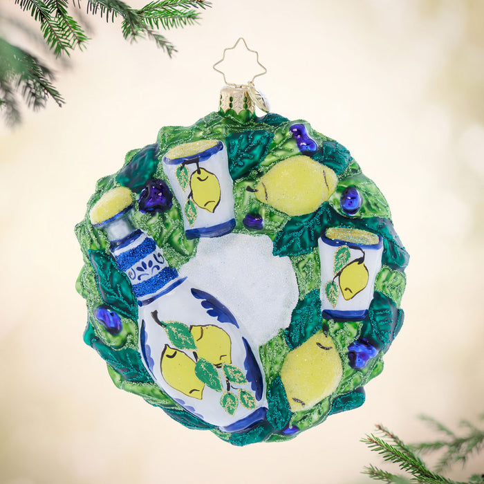 Front image - Limencello Cheers Wreath - (Wreath ornament) - Wreath decorated in lemons and lemonade filled cups.