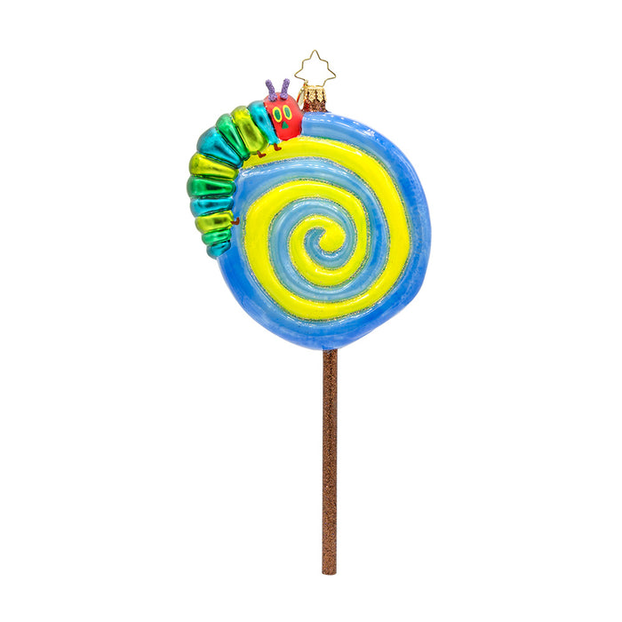 Lollipop Caterpillar ornament. Features a colorful caterpillar perched atop a shimmering lollipop. View of front.