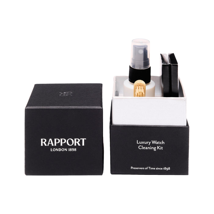 Rapport London 1898 luxury watch cleaning kit packaging with a spray bottle