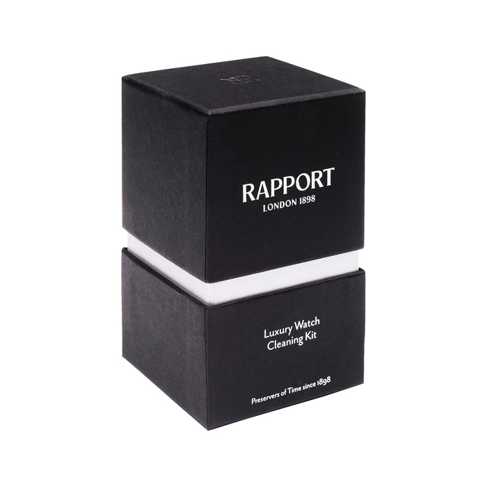 Stacked black presentation boxes for Luxury Watch Cleaning Kit with Rapport London branding