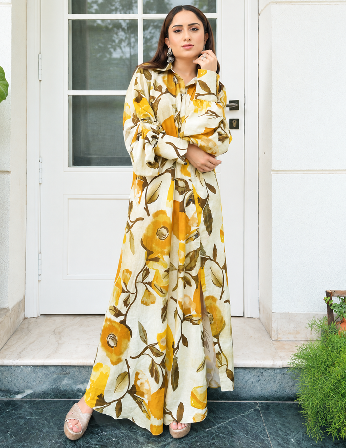Mango Long Asymmetrical Yellow Drape Dress