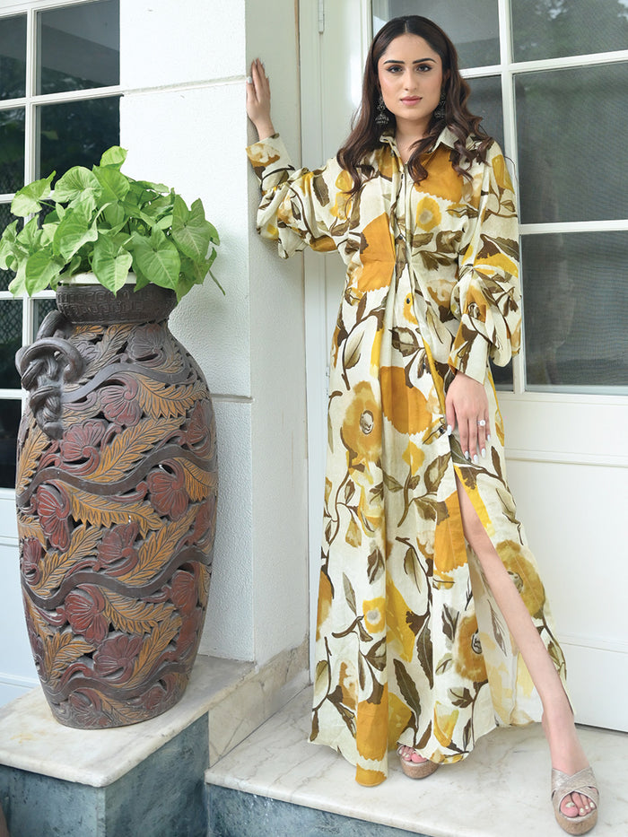 Mango Long Asymmetrical Yellow Drape Dress