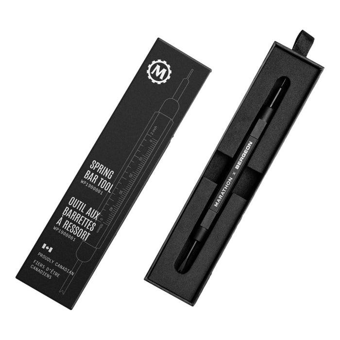 Marathon X Bergeon Spring Bar Tool in black packaging featuring a ruler graphic.