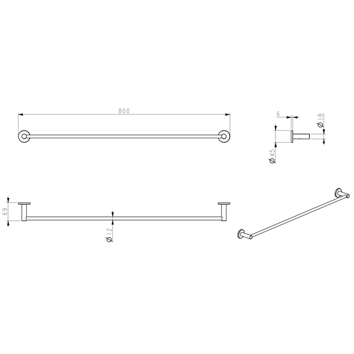 Mica Matte Black Single Towel Rail - 800mm