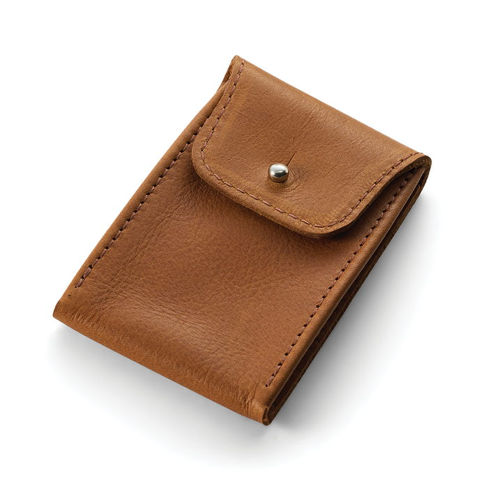 Tan leather mini watch pouch with snap flap.