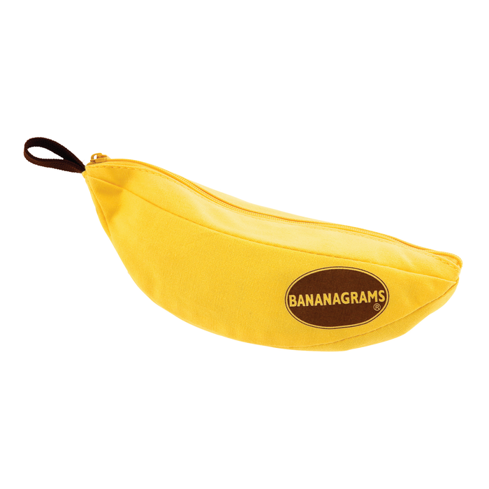 The Moose Toys Bananagrams is a yellow, banana-shaped zippered pouch with a brown oval label reading "BANANAGRAMS" on the side.