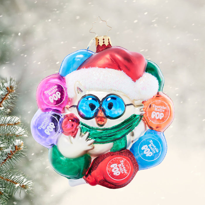 Front image - Mr. Owl's Tootsie Pop Treat Wreath - (Tootsie Pop ornament) - Wreath made of multiple-colored tootsie roll pops with Mrs. Owl in the center