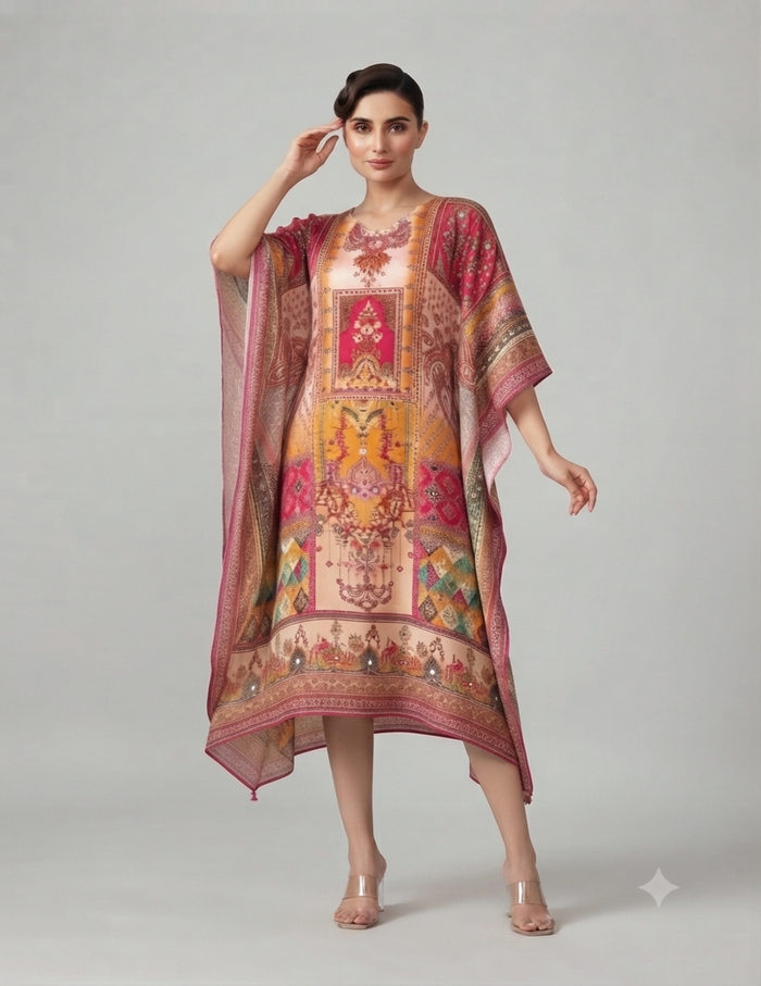 Vibrant multicolor viscose chinnon kaftan with flowing silhouette and intricate detailing.
