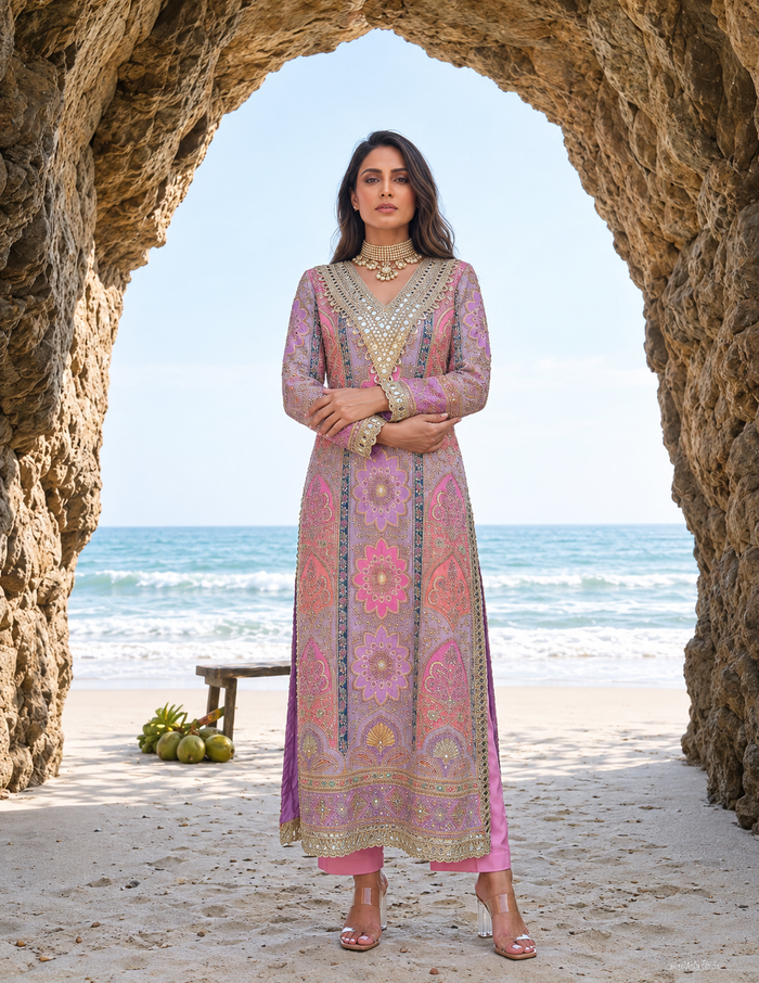 Multicoloured Lilac Long Kurta Set