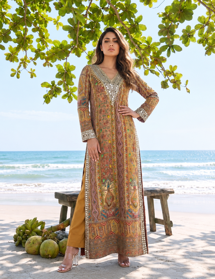 Multicoloured Mustard Long Kurta Set