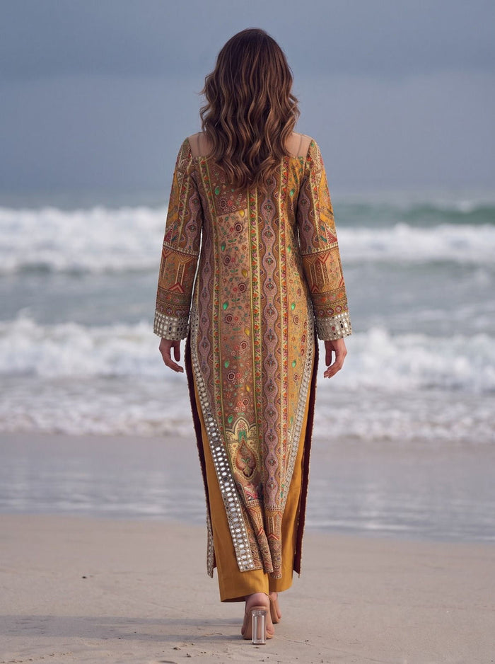 Multicoloured Mustard Long Kurta Set
