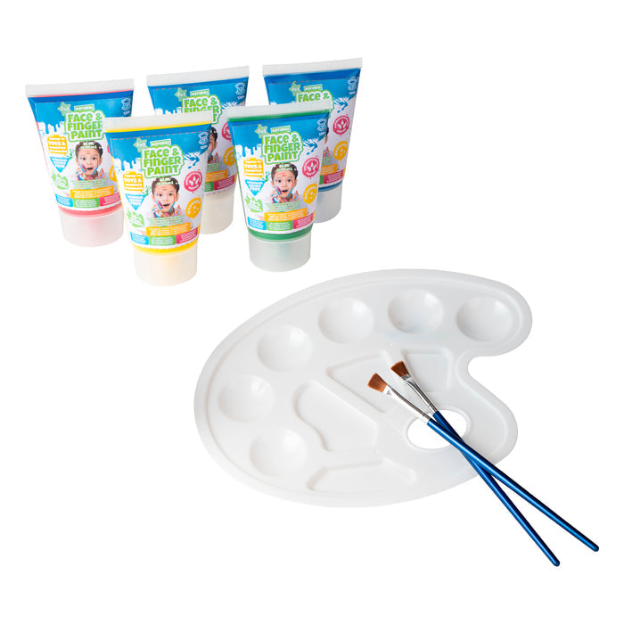 The Boti Natural Face & Finger Paint All in One Paint Set features four tubes of skin-safe paint, a white plastic palette, and two brushes on a white background—ideal for creative face and finger designs that are gentle on skin.