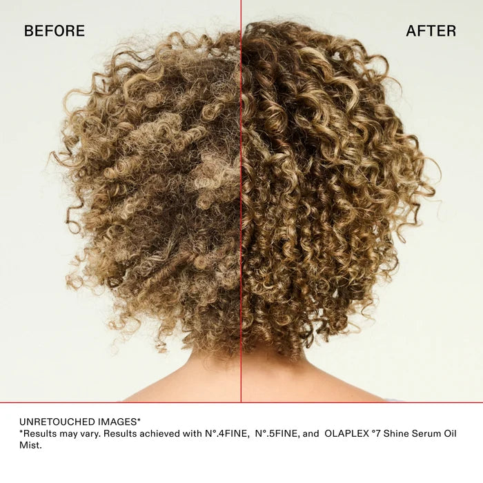 Before and after using Olaplex No.7 Shine Serum Oil Mist showing dry, frizzy curls transformed into hydrated, defined, glossy curls.