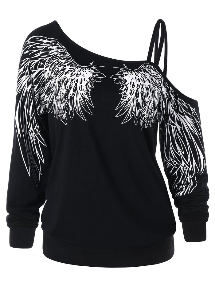 One Shoulder Wing Print Long Sleeve Top