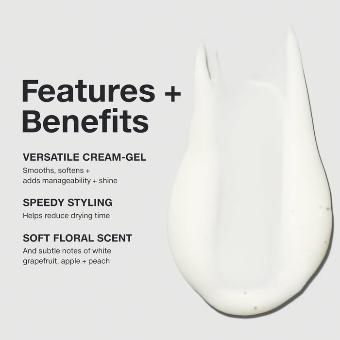 Paul Mitchell Fast Form Cream Gel benefits graphic with cream-gel swatch, highlighting smoother, softer hair, added shine and reduced drying time.
