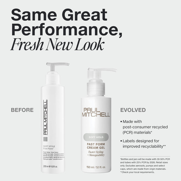 Old and new Paul Mitchell Fast Form Cream Gel packaging on pale grey, highlighting post-consumer recycled materials and improved label recyclability.