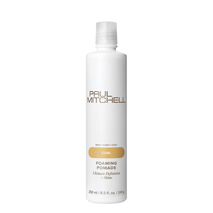 Paul Mitchell Foaming Pomade 250ml white bottle with clear cap on a white background, designed for curl definition, light control and shine.