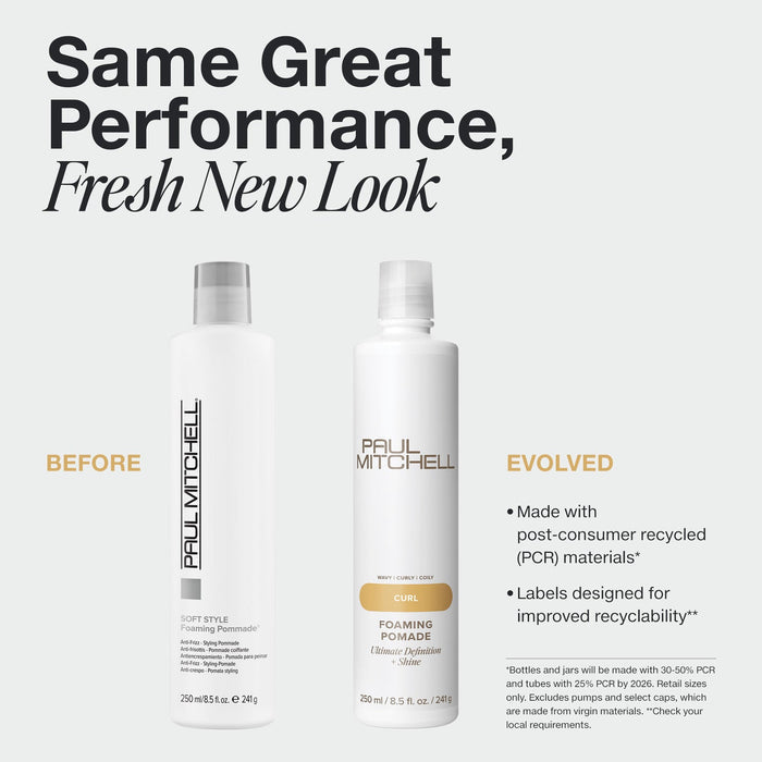 Paul Mitchell Foaming Pomade old and new 250ml packaging on a pale grey background, highlighting its updated recyclable bottle design.