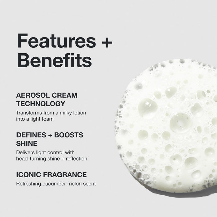 Paul Mitchell Foaming Pomade texture shown as light foam on a grey background, highlighting curl definition, shine and cucumber melon fragrance.