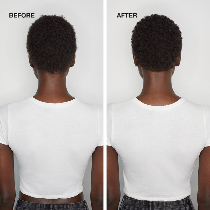 Before-and-after short coily hair styled with Paul Mitchell Foaming Pomade, showing improved shape, definition and control on a grey background.