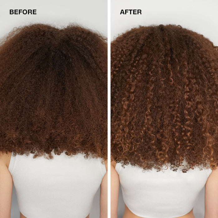 Before-and-after long coily hair styled with Paul Mitchell Foaming Pomade, showing enhanced curl definition, separation and shine.