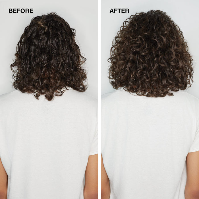 Before-and-after dark wavy hair styled with Paul Mitchell Foaming Pomade, showing fuller, bouncier and more defined curls.