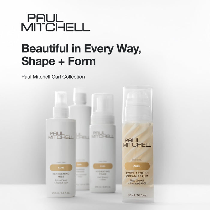 Paul Mitchell Curl Collection products displayed on a soft grey studio background, formulated for curl shape, definition and frizz control.