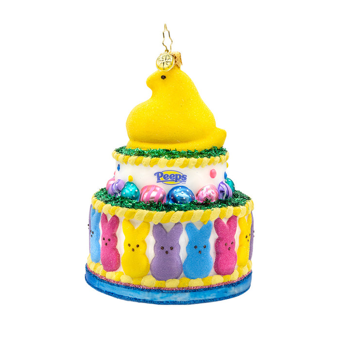 This charming PEEPS cake ornament is stacked with colorful candies and cute shapes. View of right side.
