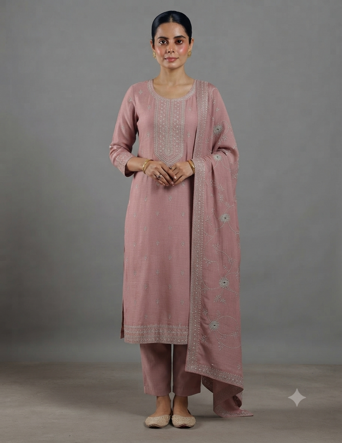Model posing in a classic pink embroidered kurta set against a simple grey background.