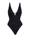 Outline image of Plungey Triangle Thong One Piece Shapewear Swimsuit - Black