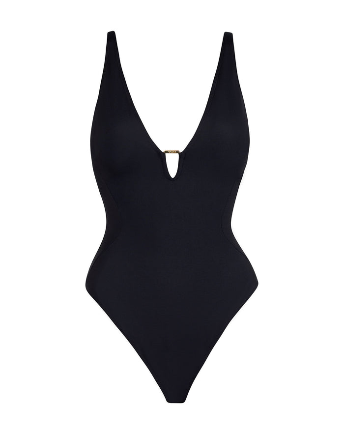 Outline image of Plungey Triangle Thong One Piece Shapewear Swimsuit - Black