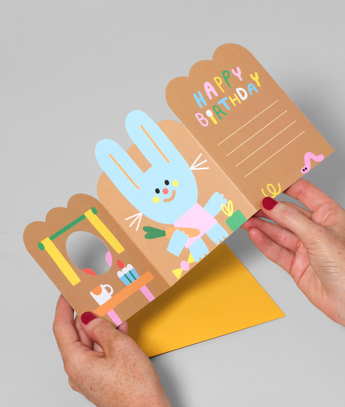 Rabbit In Burrow Kids Fold Out Birthday Card