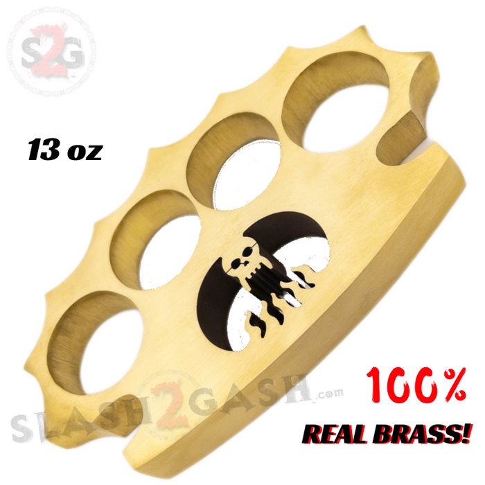 Real Brass Skull Knuckle Spiked Paperweight Duster w/ Flames - 13oz