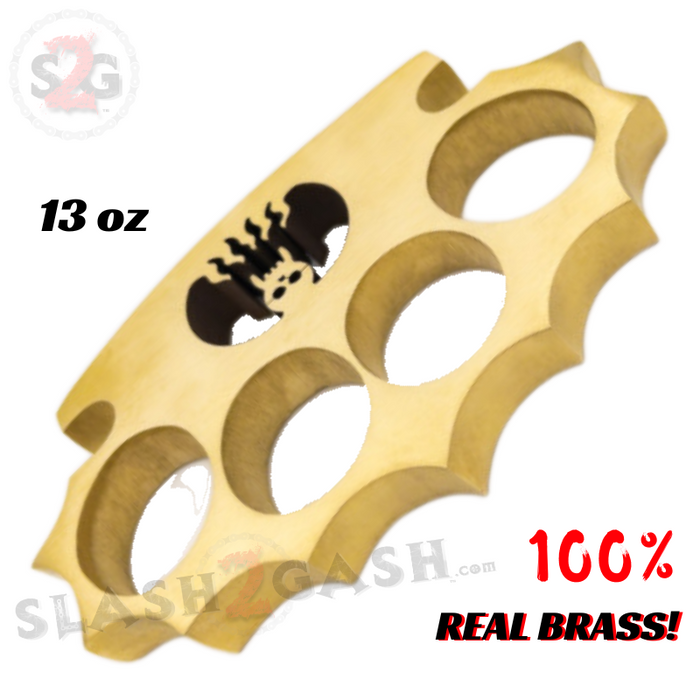 Real Brass Skull Knuckle Spiked Paperweight Duster w/ Flames - 13oz