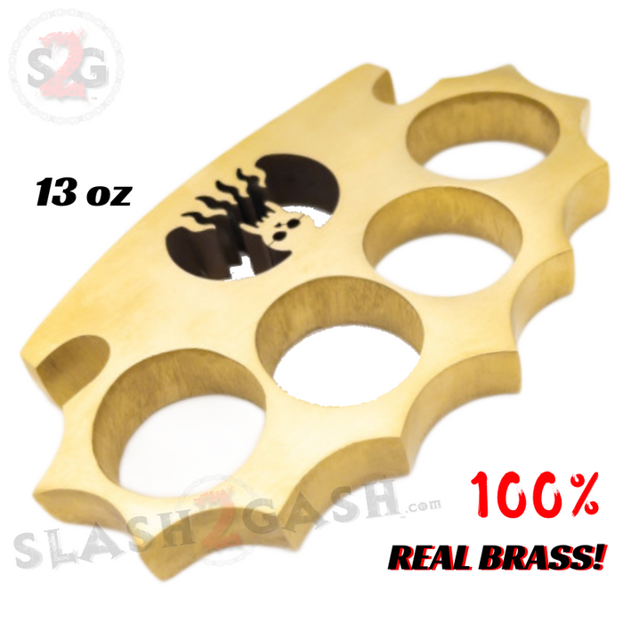 Real Brass Skull Knuckle Spiked Paperweight Duster w/ Flames - 13oz