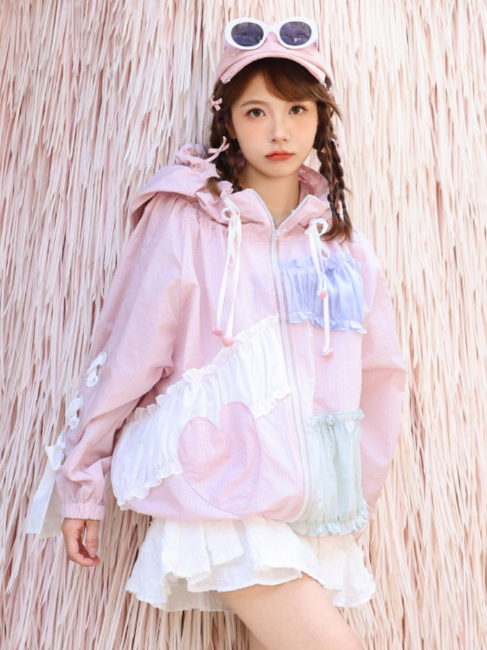 Ruffled Hooded Jacket with Ribbon Tie Bow