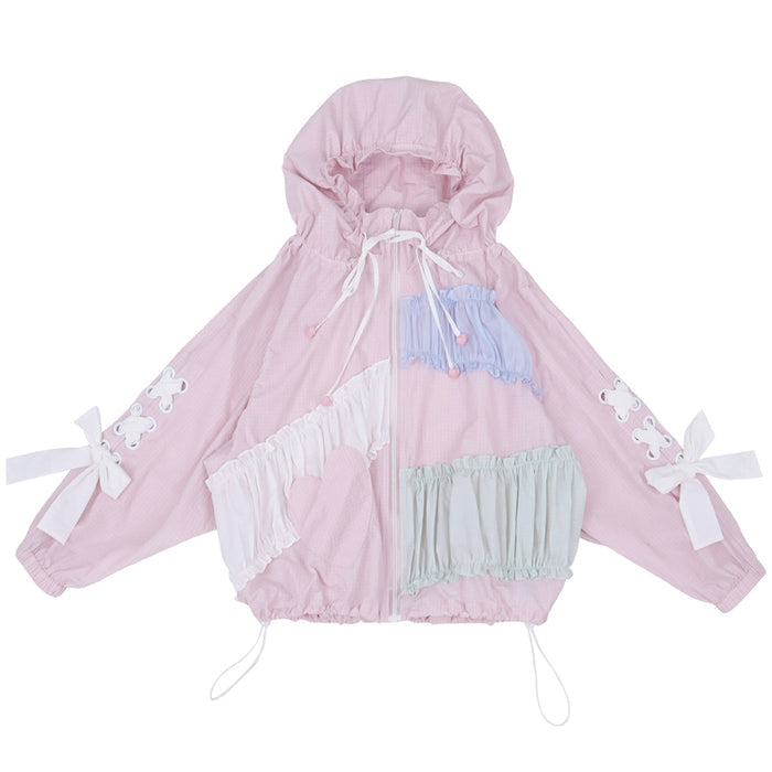 Ruffled Hooded Jacket with Ribbon Tie Bow
