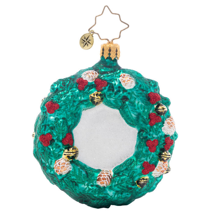 Back - Ornament Description - Rustic Reindeer Wreath Gem: That's one dashing reindeer! Dressed to the nines in a checkered bowtie, this splendid stag makes the perfect centerpiece in a vibrant green wreath.