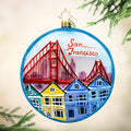 San Fran Fun. Round ornament of San Fransico with the golden state bridge and beautiful houses. View of front