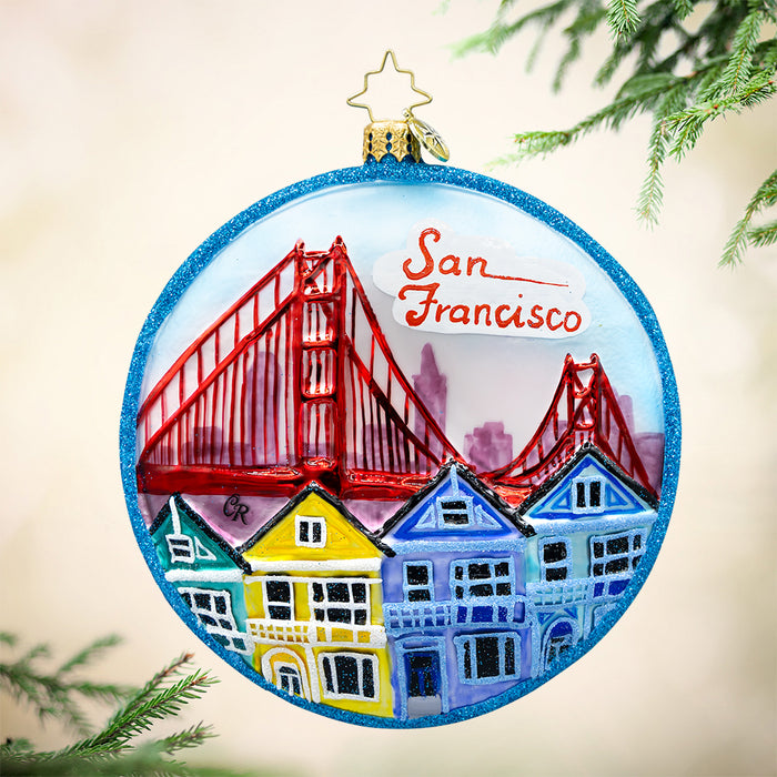 San Fran Fun. Round ornament of San Fransico with the golden state bridge and beautiful houses. View of front