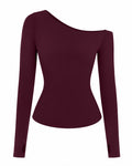Outline image of Sculpty One Shoulder Long Sleeve Top - Garnet