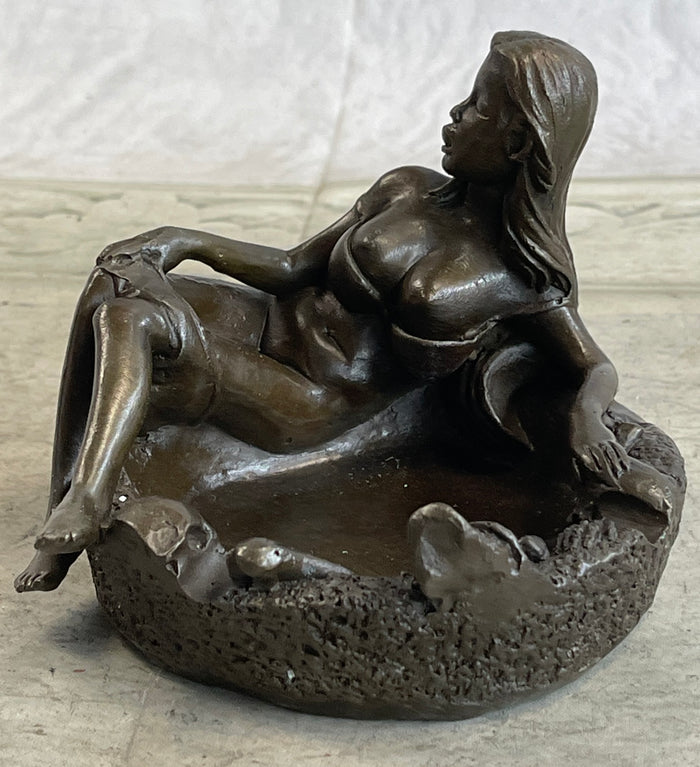 Semi Nude Pin up Girl Bronze Ashtray Bronze Statue Sculpture Erotic Art Decor