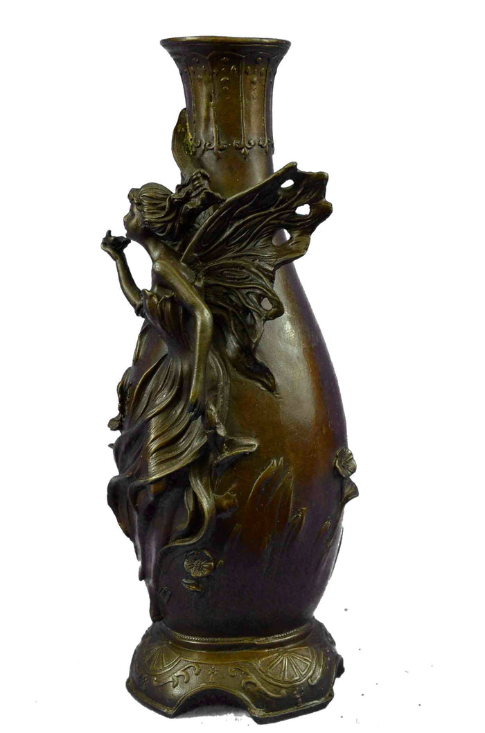 Signed Original Sexy Fairy with Wing Bronze Vase Art Nouveau Sculpture Figurine